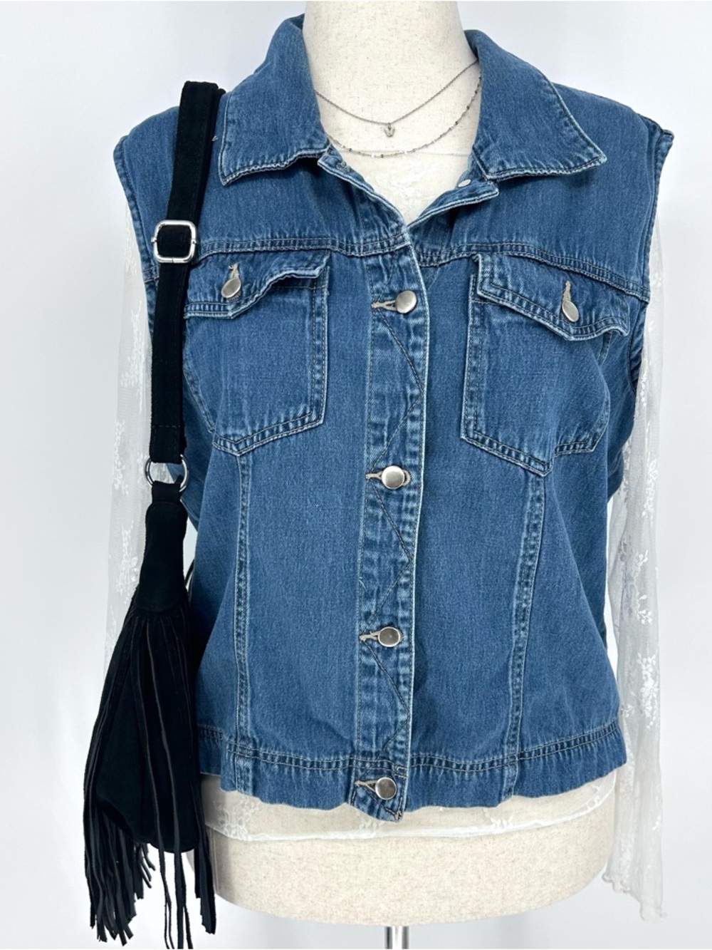 Vintage Denim Vest Blue Sleeveless Jacket Y2K Soft Girl Layering XL